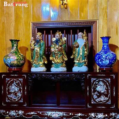  BỘ TƯỢNG TAM ĐA 70CM MEN XANH LỤC DÁT VÀNG – GỐM SỨ BÁT TRÀNG CAO CẤP