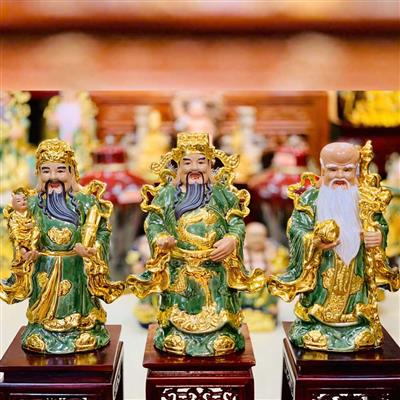 Bộ Tượng Phúc Lộc Thọ 60cm Men Xanh Lục Dát Vàng – Tượng Trưng Cho Phúc Lộc, An Khang